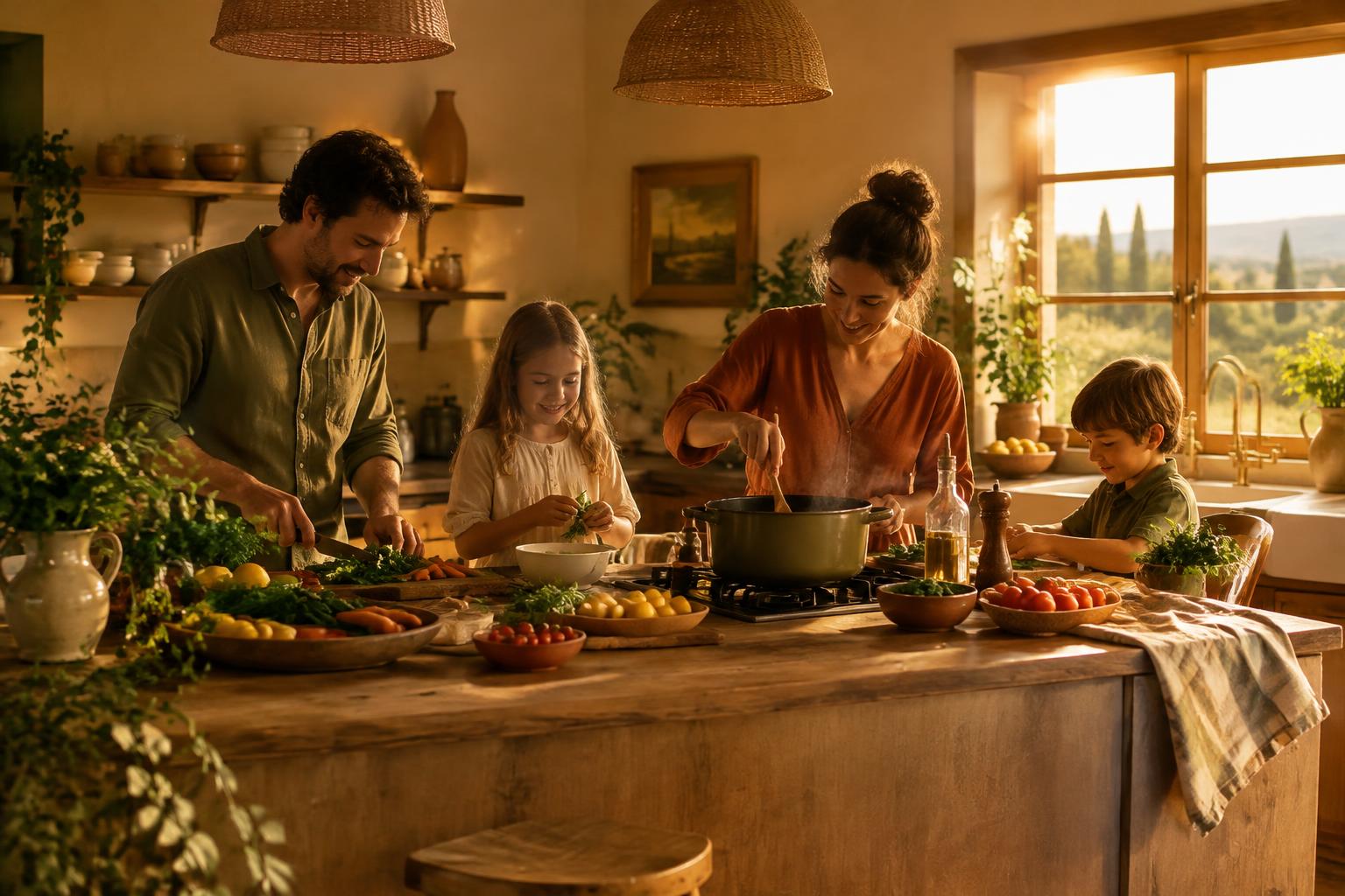 A family cooking together in a warm sunlit kitchen